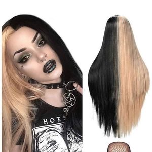 22 inch Split Dye Long Straight Half Blonde and Half Black Wig